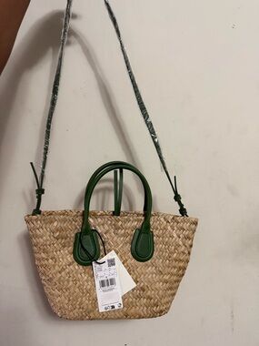 Mango Woven Straw Tote with Green Trim - Women Bags